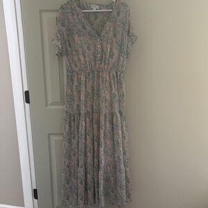 Ava & Viv Pink and Blue Floral V-Neck Tiered Maxi Dress